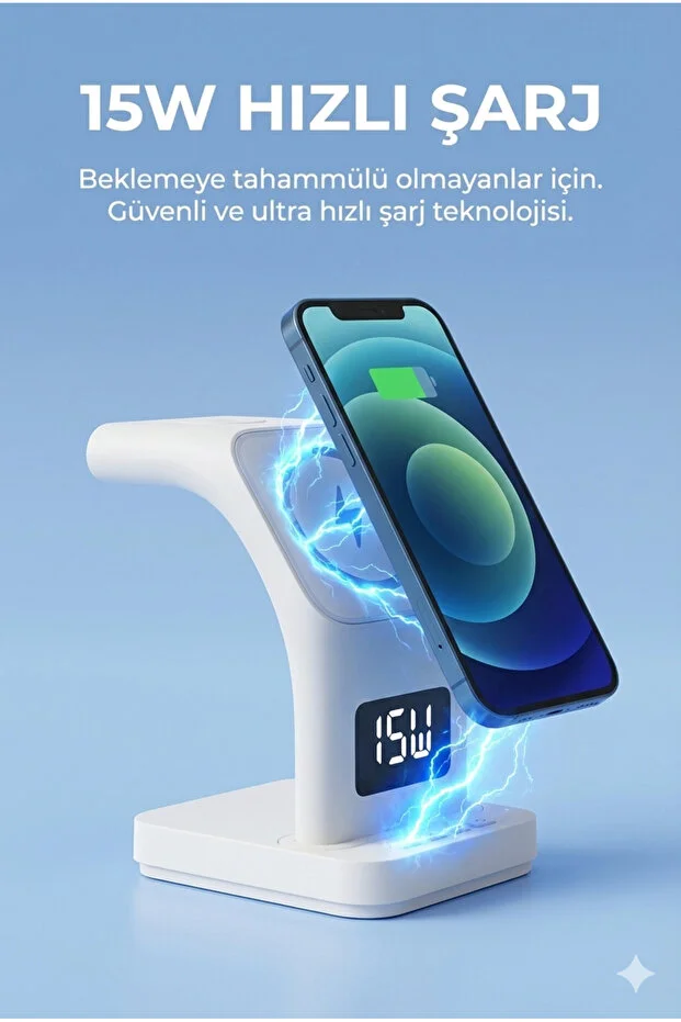 Magsafe Destekli Kablosuz Hızlı Şarj Stand 3 in 1 Apple iphone Android Uyumlu Led Alarm Saat